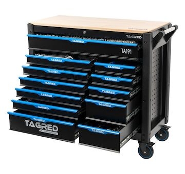 Dílenská pojízdná skříňka, 12 zásuvek, dřevěná deska, sada nářadí 501ks TAGRED