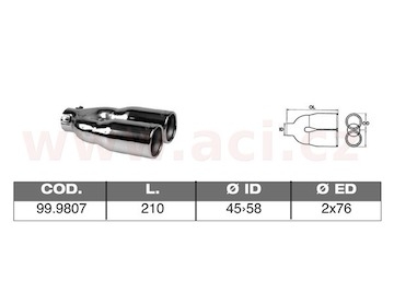 koncovka výfuku nerezová dvojitá kulatá, vnější průměr 2x76mm, délka 210mm, vnitřní průměr 45-58mm ASSO