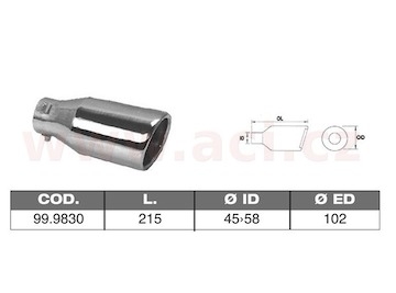 koncovka výfuku nerezová kulatá, vnější průměr 102mm, délka 215mm, vnitřní průměr 45-58mm ASSO