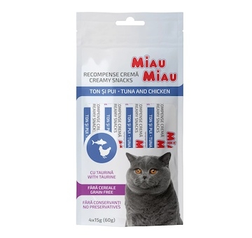 Miau Miau Creamy Snacks Cat tuňák a kuřecí 15 g (4 pack)