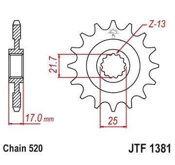 řetězové kolečko pro sekundární řetězy typu 520, JT - Anglie (15 zubů)