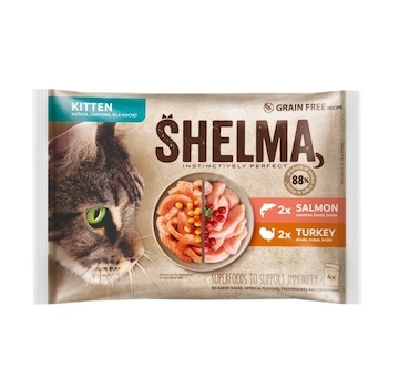 SHELMA Cat Kitten losos a krůta, kapsa 85 g (4 pack)
