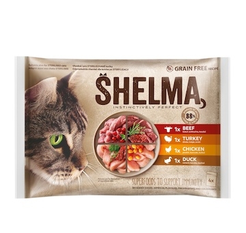 SHELMA Cat kuře, hovězí, kachna a krůta, kapsa 85 g (4 pack)