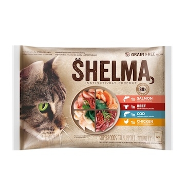 SHELMA Cat kuře, hovězí, losos a treska, kapsa 85 g (4 pack) 