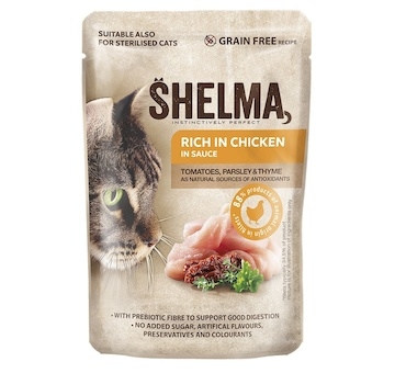 SHELMA Cat kuřecí s rajčaty a bylinkami v omáčce, kapsa 85 g