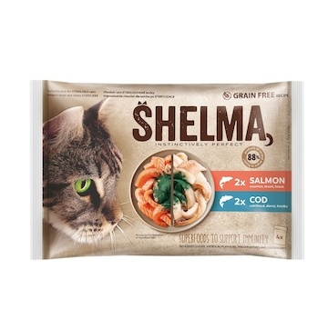 SHELMA Cat losos a treska, kapsa 85 g (4 pack)