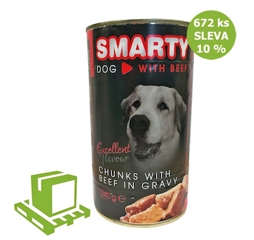SMARTY Dog Hovězí chunks. konzerva 1240 g (paleta 672 ks) SLEVA 10 %