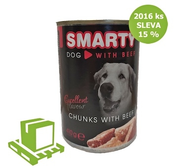 SMARTY Dog Hovězí chunks, konzerva 410 g (paleta 2016 ks) SLEVA 15 %