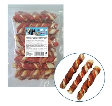 Tyč buvolí kroucená 2 barevná obalená kachním masem JUKO Snacks 12,5 cm (20 ks)