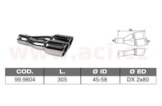 koncovka výfuku nerezová dvojitá kulatá, vnější průměr 2x80mm, délka 308mm, vnitřní průměr 45-58mm ASSO
