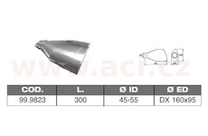 koncovka výfuku nerezová oválná, vnější průměr 160x95mm, délka 300mm, vnitřní průměr 45-55mm ASSO