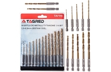 Sada 13 ks vrtáků z rychlořezné oceli a nitridu titanu HEX 1/4