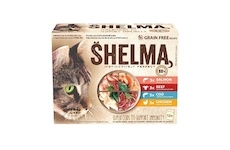 SHELMA Cat kuřecí, hovězí, losos a treska, kapsa 85 g (12 pack)